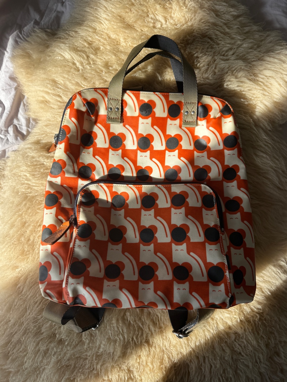 Orla Kiely Women's Poppy Cat Print Backpack Tote, Persimmon